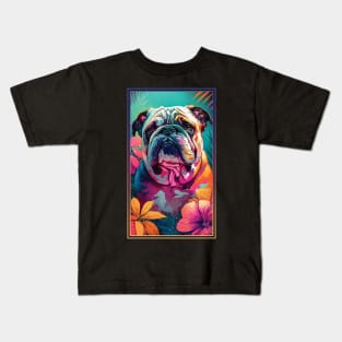 Bulldog Vibrant Tropical Flower Tall Digital Oil Painting Portrait 2 Kids T-Shirt